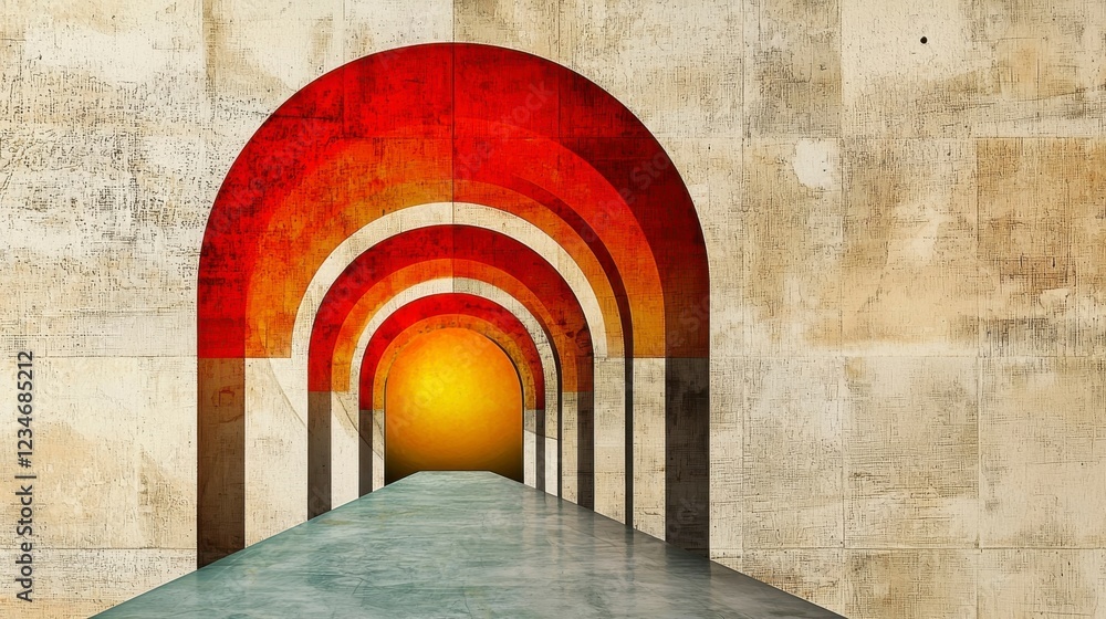 Poster abstract architectural design with colorful arches and emanating light in a contemporary style