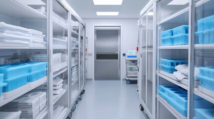 A clean, organized medical storage room featuring shelves with sterilized instruments and supplies, leading to a door at the end.