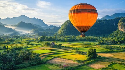 Fototapeta premium Hot air balloon soaring over lush Vietnamese rice paddies at sunrise, misty mountains in background; travel tourism