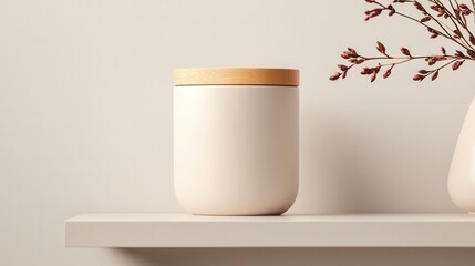 A white ceramic jar sits on a shelf next to a vase of flowers