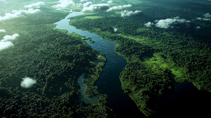 Fototapeta premium Aerial view of the Amazon rainforest with a winding river cutting through dense, lush greenery. Scattered clouds hover above, creating a serene and vibrant natural landscape. 