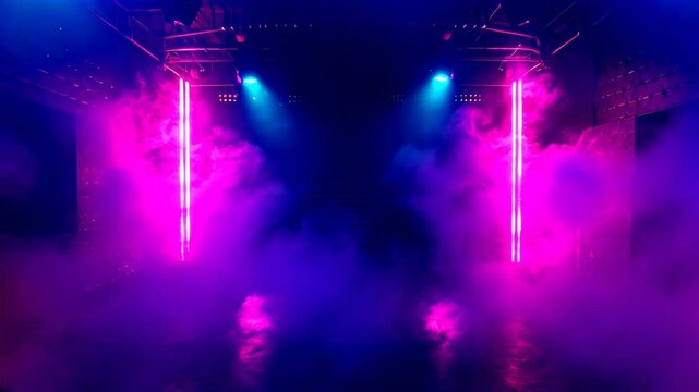 Neon stage with smoke and blue red light, futuristic design of abstract scene. Concept of cyberpunk room, hall interior, studio. 