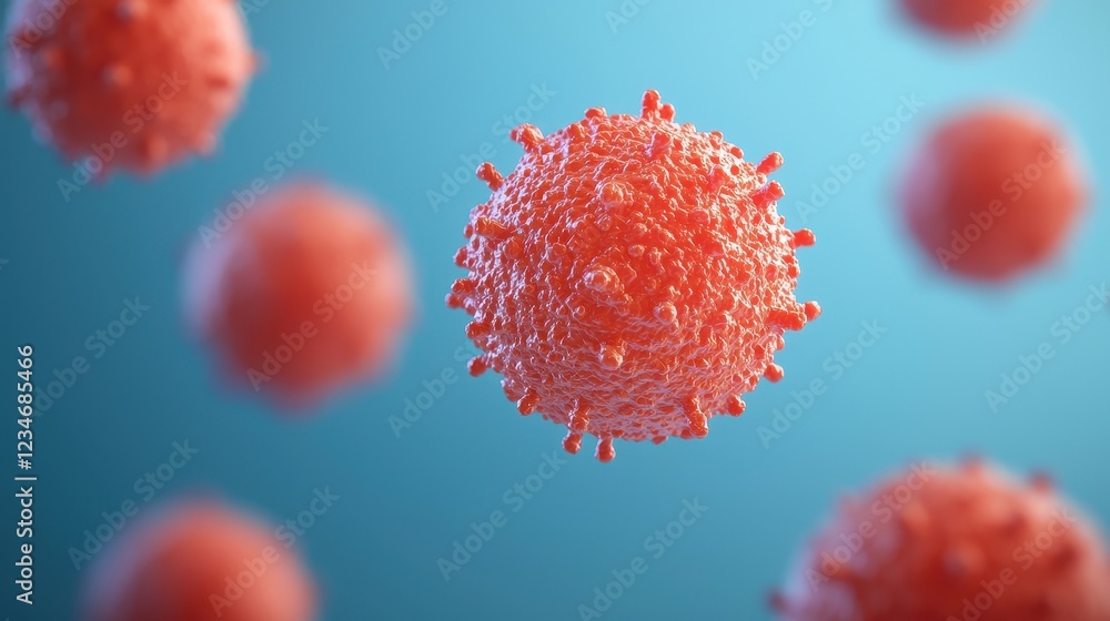 Poster a close-up view of a microscopic virus, depicted in vibrant red against a blue background, highlight