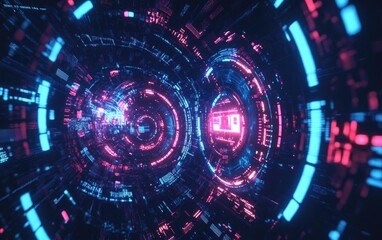 Fototapeta premium Abstract speed with glowing lines and clocks in blue and red colors on a black background. Vector illustration of digital technology for a fast internet concept design.