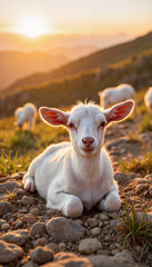Obraz premium Playful goat kid resting on rocky hillside at sunset, farm life