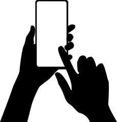 Black silhouette of two hands holding smartphone with transparent screen. Vector illustration with transparent background