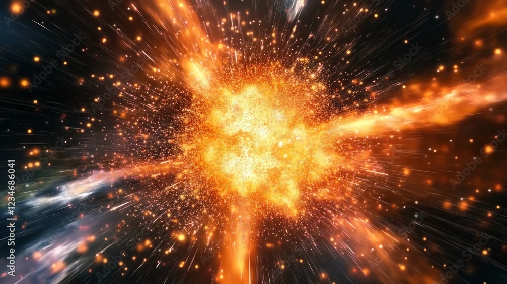 Poster abstract explosion with fiery particles and dynamic movement in deep dark cosmic space