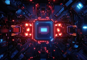 Obraz premium Abstract technology background with blue and red glowing connections on a dark background. Vector illustration of a digital connection network for design, web banners,