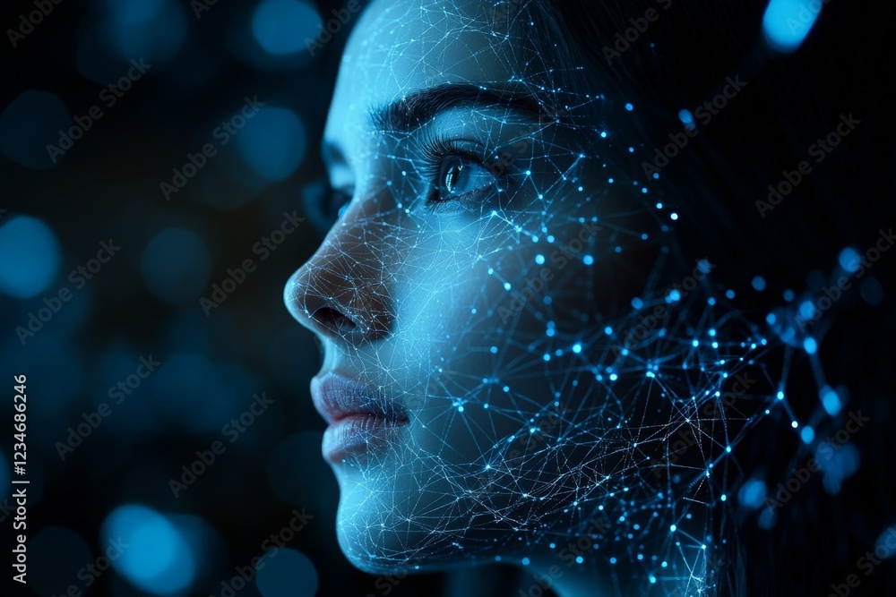 Poster Close-up of a woman with a futuristic digital overlay in a dark setting highlighting technological themes and human connection