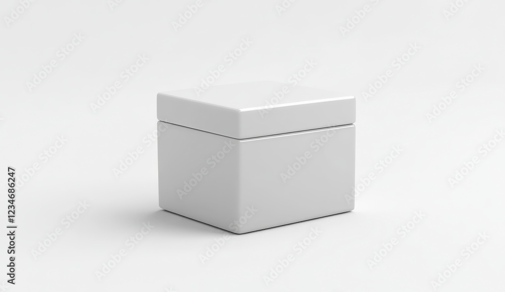Poster white square box with a slightly textured top, presented on a plain white background. the lighting i