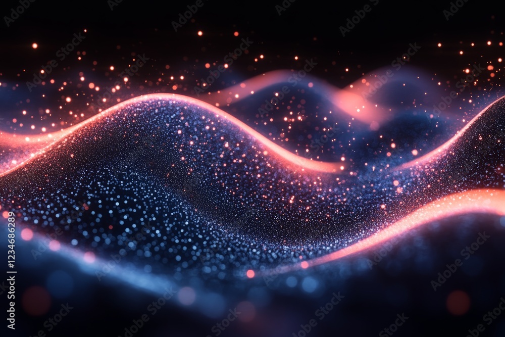 Aufkleber Colorful abstract waves illuminated by glowing particles create a mesmerizing visual display in a dark environment