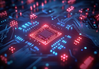 Obraz premium Abstract technology background with blue and red glowing connections on a dark background. Vector illustration of a digital connection network for design, web banners,