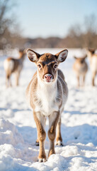 Newborn reindeer standing in snow, serene winter landscape