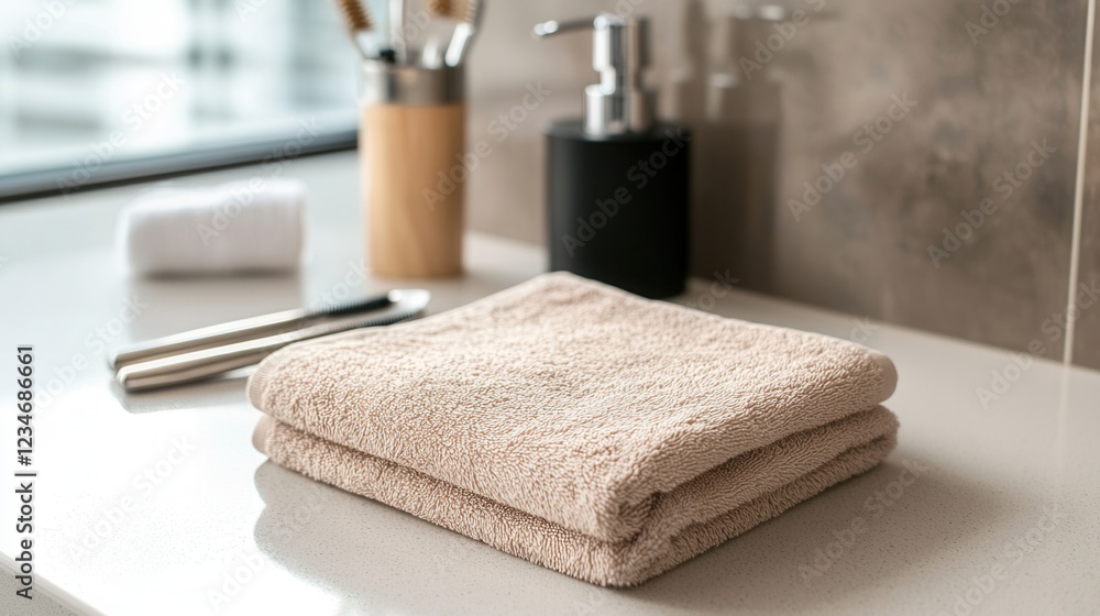 Aufkleber a white towel is on a counter next to a bottle of soap and a pair of scissors