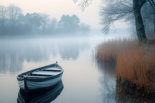 A lone rowboat floats gently on a misty lake at dawn, reflecting the tranquil morning atmosphere.