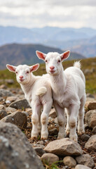 Fototapeta premium Newborn goat triplets exploring rocky hill farm, gentle livestock birth