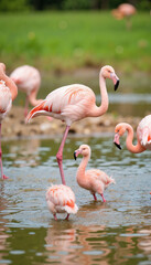 Juvenile flamingo growing plumage in wetland farm, nature's development