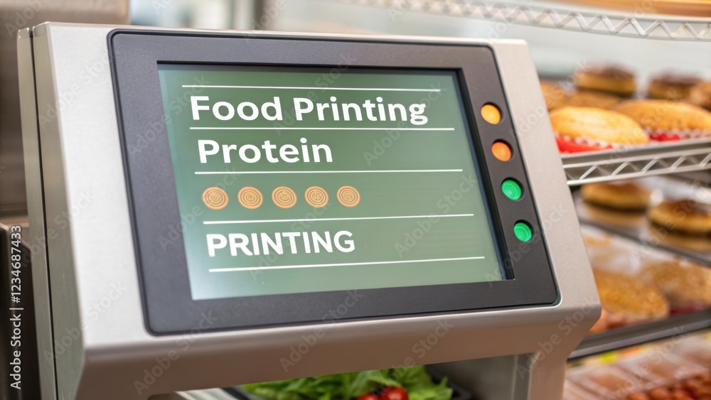Poster modern food printing machine displaying protein options on its digital screen, suggesting customized