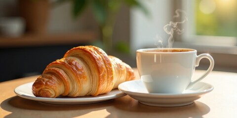 A warm croissant and a steaming cup of coffee on a sunny morning