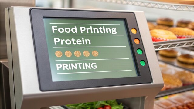Modern food printing machine displaying protein options on its digital screen, suggesting customized and automated food production in a bakery setting with various pastries in the background