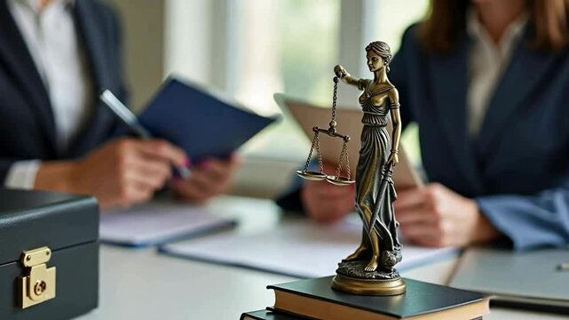 an office or office is shown, which probably belongs to a lawyer or lawyer. In the foreground on the left is a statuette of Themis, the goddess of justice, with scales in one hand and a sword in the o