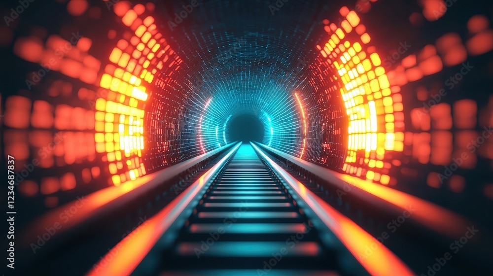 Aufkleber a vibrant tunnel with glowing lights leads into darkness, featuring railway tracks that create a sen