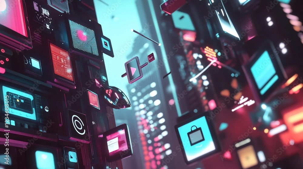 Poster futuristic digital display showing various app icons, including shopping and play buttons