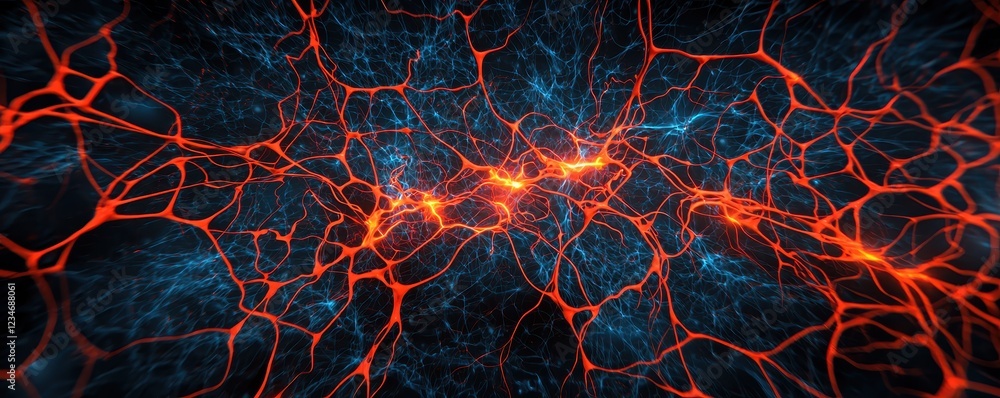 Poster a vibrant network of glowing red and blue lines resembles neural connections or cosmic structures, c