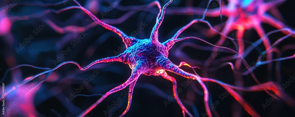 Poster a vibrant depiction of neurons showcasing intricate connections and glowing colors, illustrating the