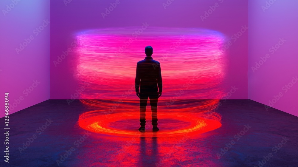 Poster a figure stands in a dimly lit space, surrounded by swirling patterns of vibrant pink and red light,