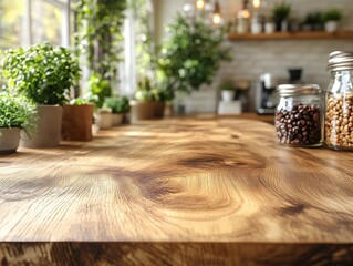 A wooden table adorned with potted plants and jars of coffee beans.