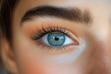Fototapeta premium Beautiful female eye close-up with large expressive eyelashes. Bright lighting with soft light