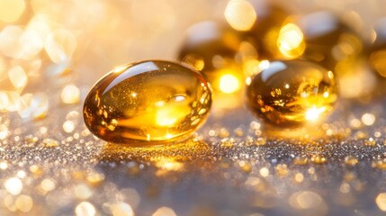 Glistening golden syrup beautifully adorns a shimmering surface with vibrant light reflections.