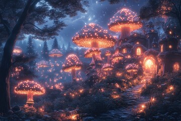 Enchanting Illuminated Mushroom Village In A Dark Forest