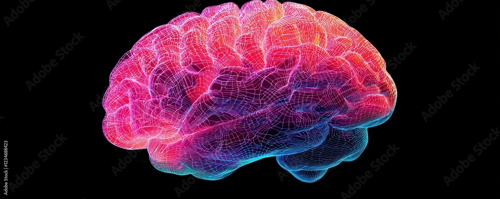 Poster a vibrant, digital representation of a brain, showcasing intricate neural pathways in striking color
