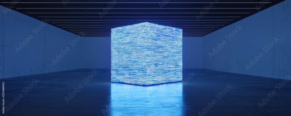 Poster a glowing blue cube illuminates a minimalist space, creating a mesmerizing visual effect with reflec
