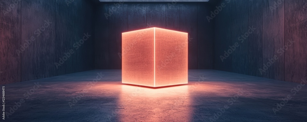 Poster a glowing cube illuminates a dark, minimalist space, creating a captivating contrast and an otherwor
