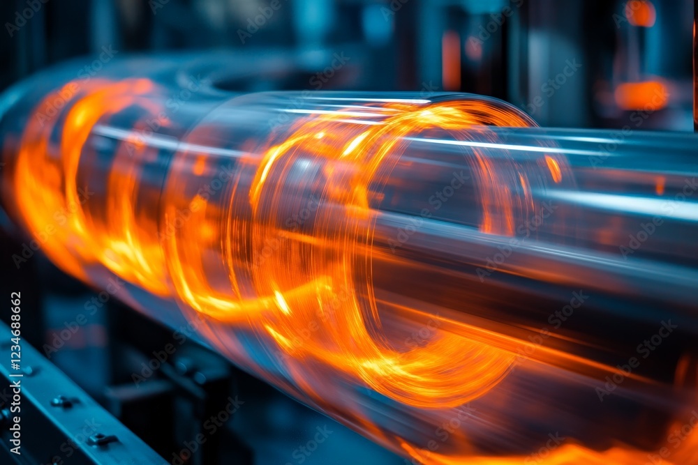 Poster complex machinery operates with glowing elements in a high-tech industrial setting