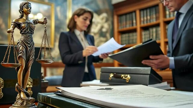 an office or office is shown, which probably belongs to a lawyer or lawyer. In the foreground on the left is a statuette of Themis, the goddess of justice, with scales in one hand and a sword in the o