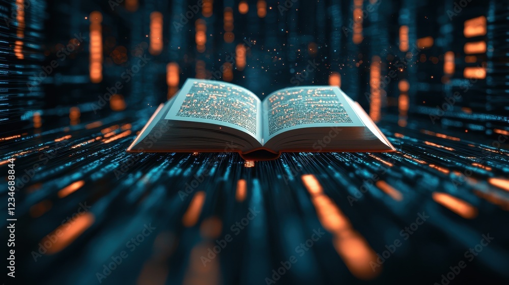 Poster an open book appears at the center, surrounded by glowing data streams, symbolizing the fusion of kn