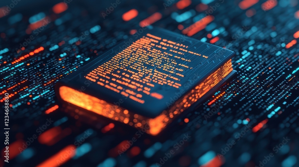 Poster a glowing book surrounded by digital binary code, symbolizing the intersection of literature and tec
