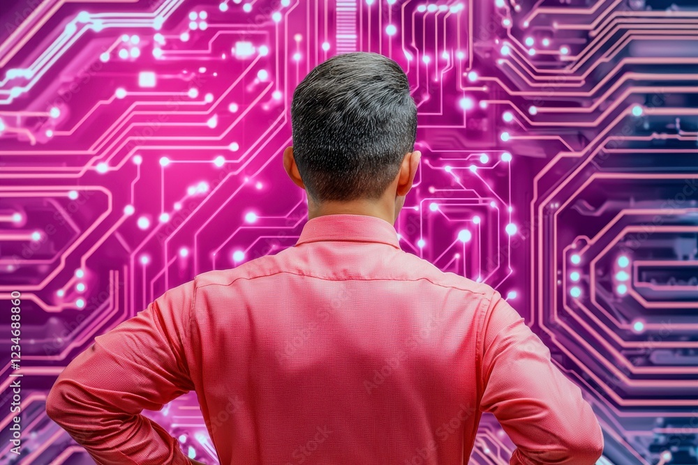 Aufkleber person analyzing futuristic technology background with digital circuit patterns and vibrant colors