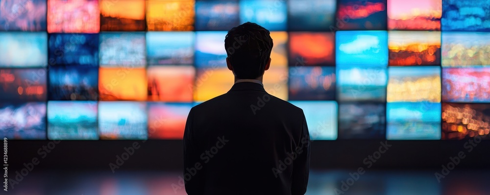 Poster a person stands in front of a vibrant display of images, engaging with a colorful array of visuals t