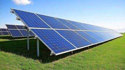 Solar Panels Installed on Green Field Under Blue Sky and Clouds