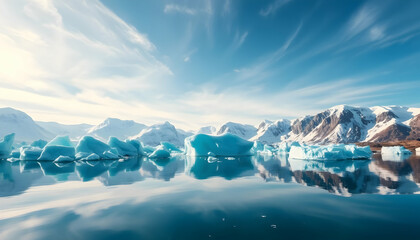 Glacial lagoon, floating icebergs, crystal blue ice, reflective water surface, snow-capped mountains, distant horizon, Arctic landscape, serene atmosphere, cloudy sky, turquoise hues, pristine wildern