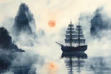 Obraz premium Sailing ship at sea, sunrise behind mountains, used for travel