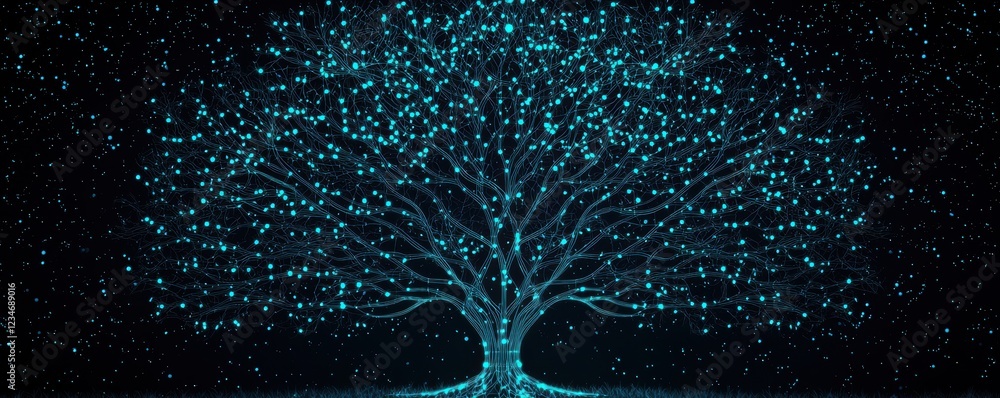 Poster a glowing tree with intricate branches illuminated against a dark background, creating a mystical an