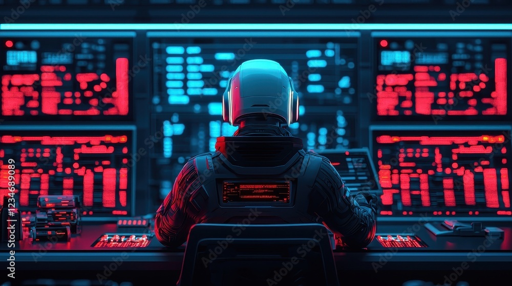 Poster a futuristic scene showing a person in a helmet operating advanced technology with glowing screens i
