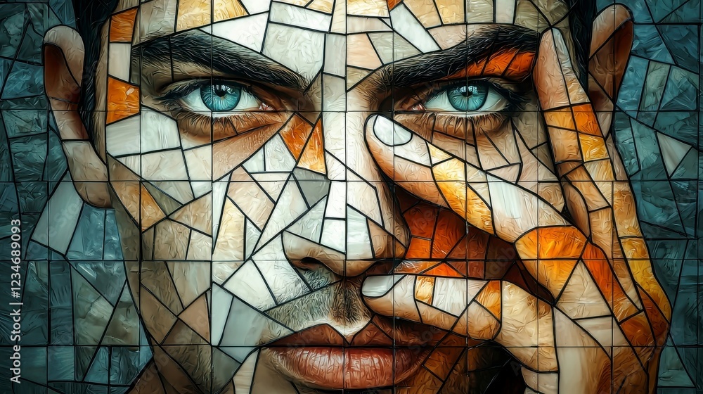 Poster captivating mosaic portrait of a young man with intricate patterns and vivid colors highlighting emo