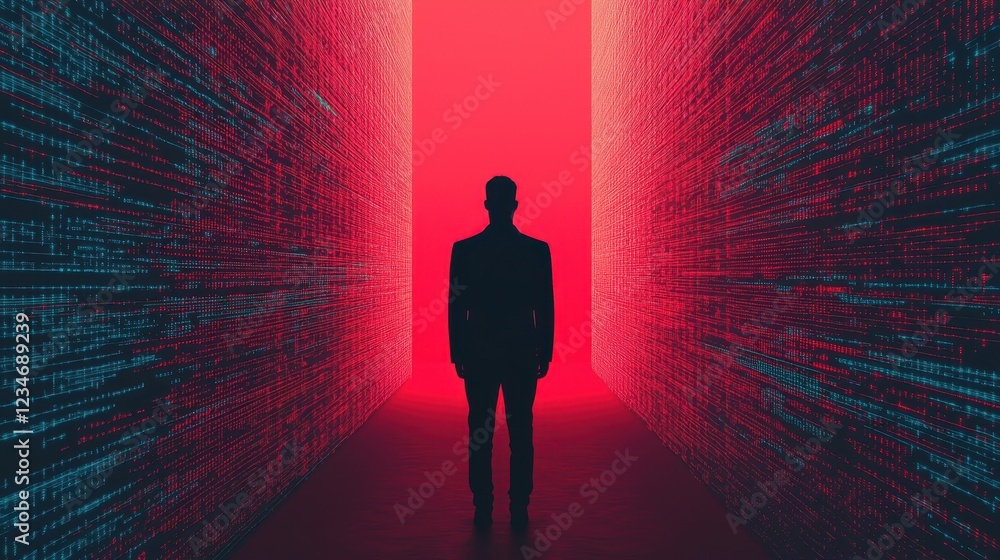 Poster a solitary figure stands in a narrow corridor illuminated by red light, surrounded by digital patter